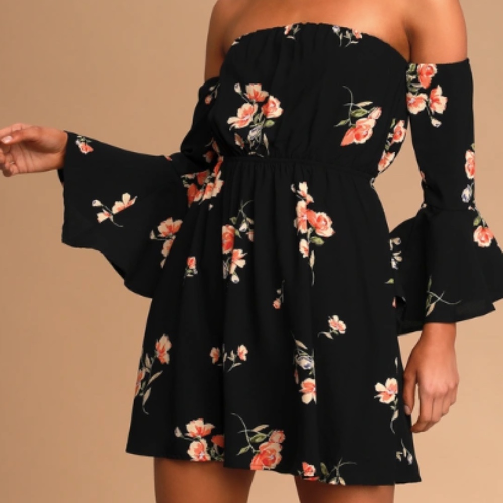 Lush Gardens Black Floral Print Off-The-Shoulder Mini Dress
